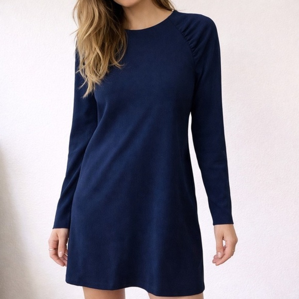 Tibi Navy Blue Long Sleeve Crepe Shift Dress Size‎ 4 Minimalist Workwear